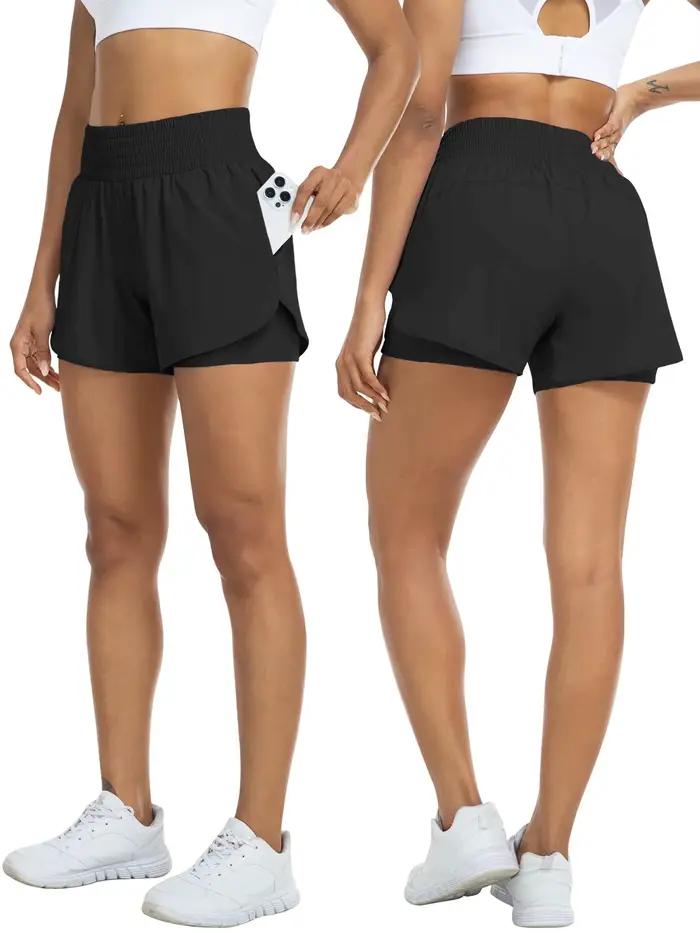 Short de sport taille haute pour femme anti-exposition polyestère et élasthanne pour course à pied yoga fitness et entraînement avec poches