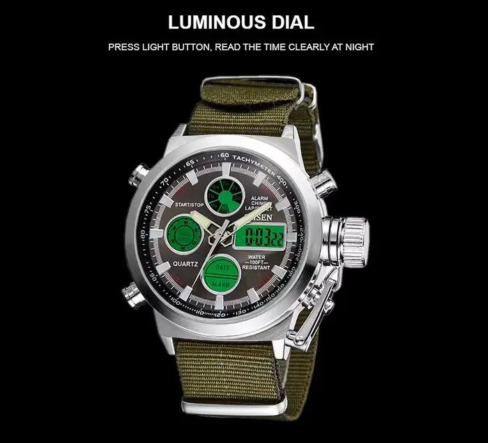 Montre de sport à quartz pour hommes, double fuseau horaire, étanche, militaire, verte, tactique, numérique, avec alarme, Reloj Hombre