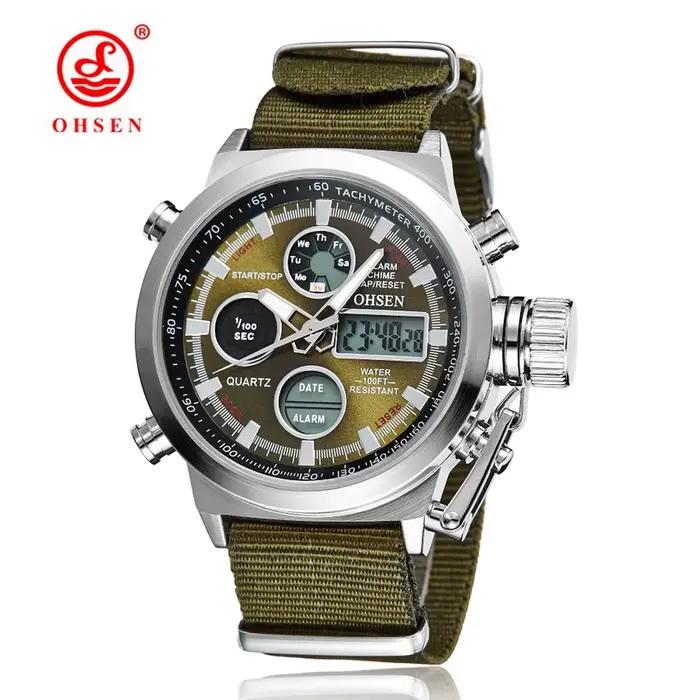Montre de sport à quartz pour hommes, double fuseau horaire, étanche, militaire, verte, tactique, numérique, avec alarme, Reloj Hombre