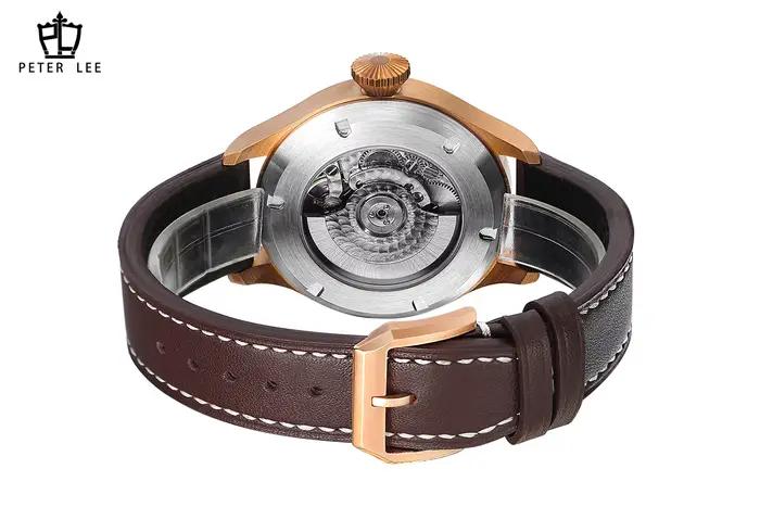 Marque de luxe PETER LEE mouvement automatique mécanique pilote montres pour homme élégant lumineux aviateur cuir mâle cadeaux montre