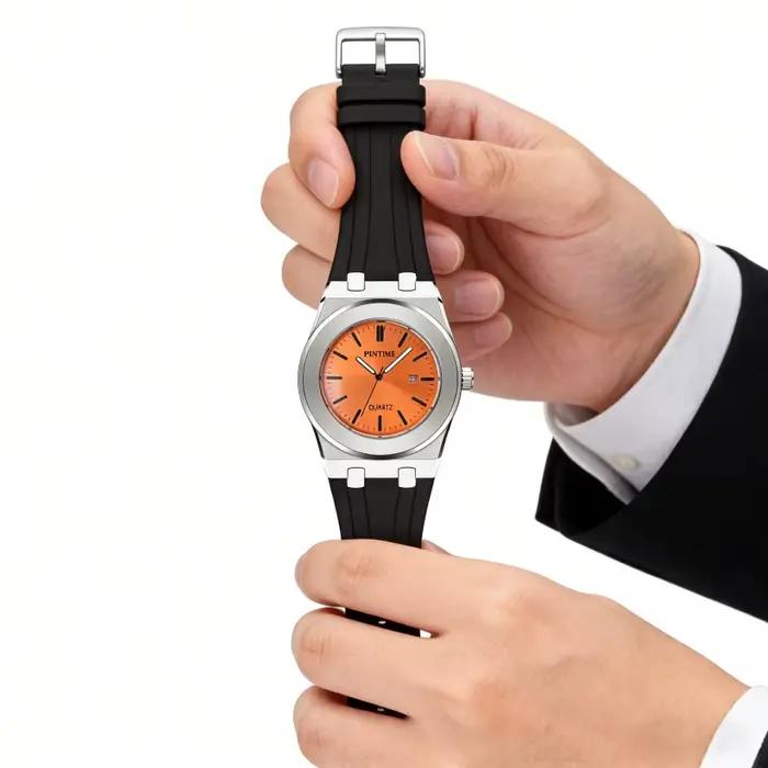 Montre chronographe sport pour homme, quartz, bracelet en silicone orange, multifonction, étanche, cadran noir, montre-bracelet de luxe, mode, affaires