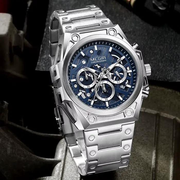 MEGIR – montre-bracelet en acier inoxydable pour hommes, bleu, étanche, chronographe, Quartz