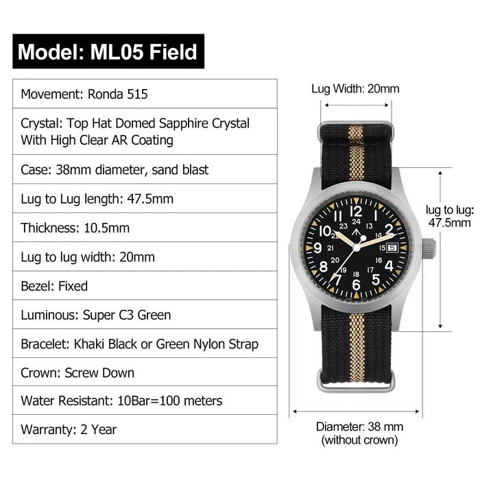 Militado ML05 38mm montre de terrain militaire Ronda 515 mouvement à Quartz dôme saphir cristal étanche 100M montres Super lumineuses