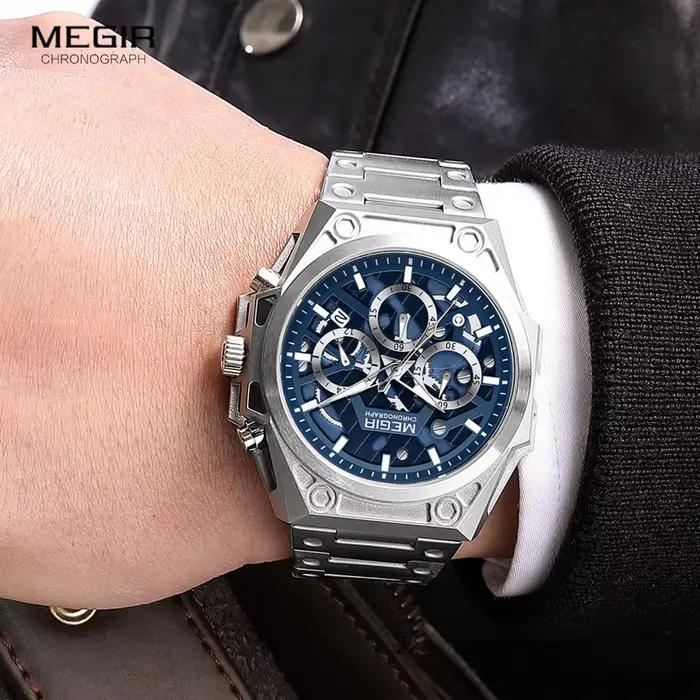 MEGIR – montre-bracelet en acier inoxydable pour hommes, bleu, étanche, chronographe, Quartz
