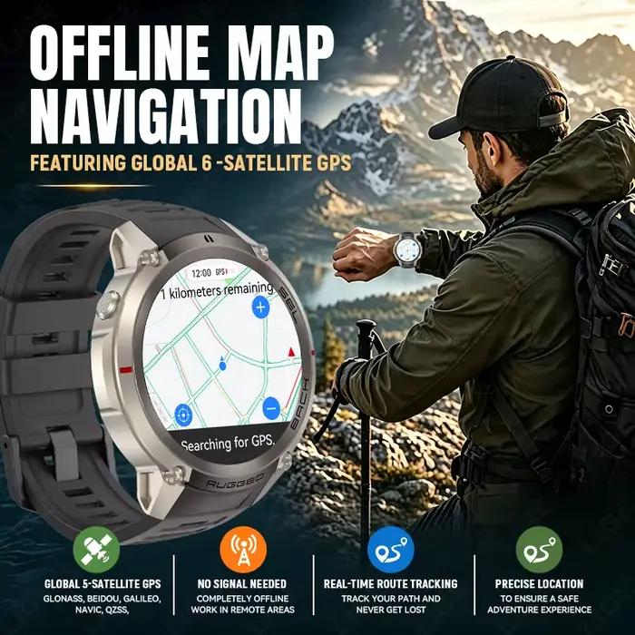 Montre connectée GPS avec carte hors ligne, étanche 5ATM, batterie 500mAh, boussole, altimètre, militaire, écran AMOLED 1.43”, pour hommes, nouvelle collection 2026