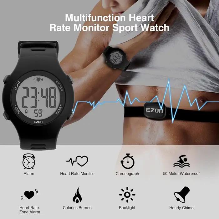 Moniteur de fréquence cardiaque montre de sport en cours d'exécution avec sangle pectorale exercice