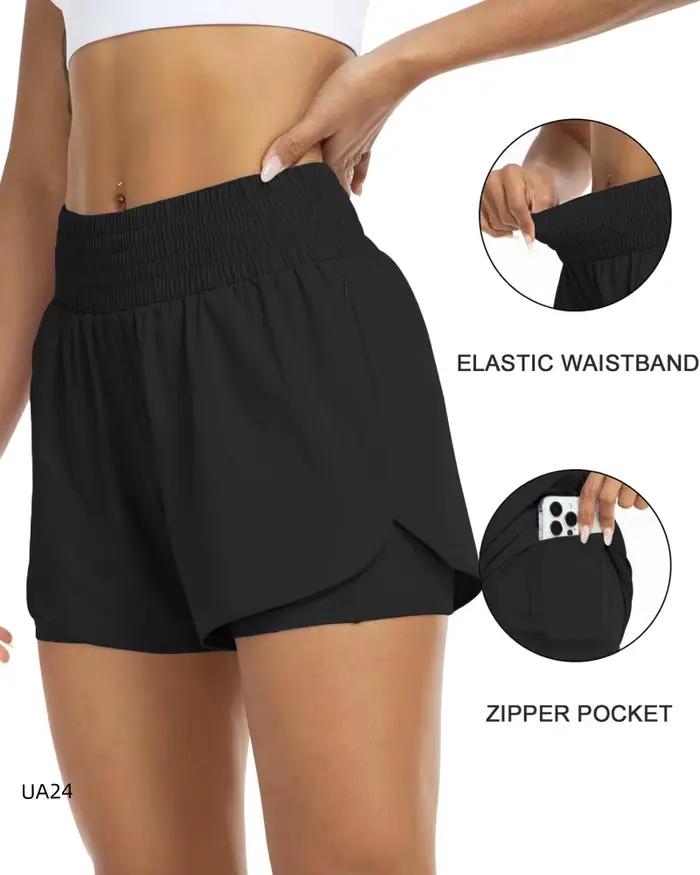 Shorts de course 2-en-1 pour femmes shorts de sport taille haute pour la gym yoga shorts d'entraînement double couche avec poches latérales acrylique ajustement flexible pour une variété d'activités physiques