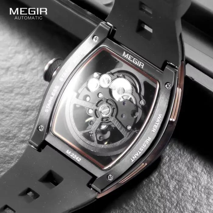 MEGIR 2242 montre automatique bleue pour hommes Sport montre-bracelet mécanique étanche en acier inoxydable avec bracelet en Silicone cadran squelette
