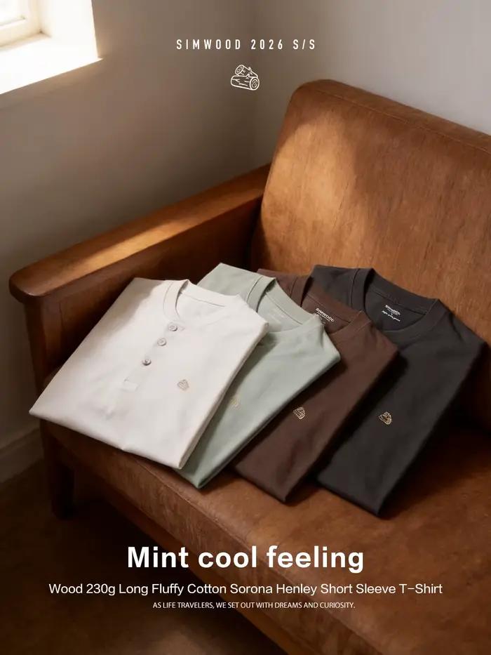 SIMWOOD Nouveauté Été 2026 T-shirts Homme en Tissu Sorona 230 g/m² Col Henley Grandes Tailles Vêtements de Marque