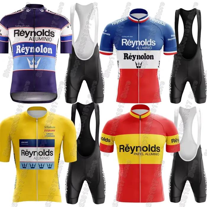 Ensemble de cyclisme rétro Reynolds maillot et cuissard de vélo de route et VTT pour hommes été polyester et Lycra styles vintage multicolores
