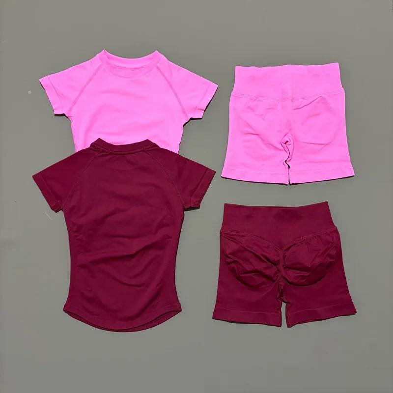 Ensemble de sport et yoga 2 pièces pour femme, taille basse, short à effet galbant, manches courtes,