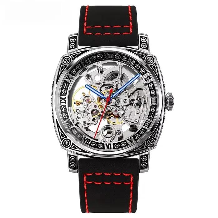 Montre automatique squelette carré : mouvement mécanique étanche lumineux gravé pour hommes
