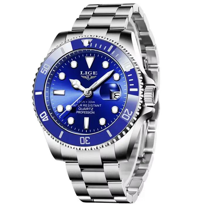 LIGE Top Original hommes montres à Quartz bleu montre étanche pour hommes en acier inoxydable Quartz