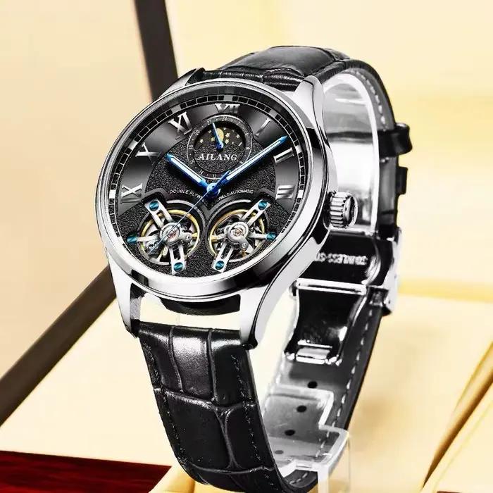 Ailang montre pour hommes double volant 2020new cuir mode acier inoxydable automatique phase de lune célèbre