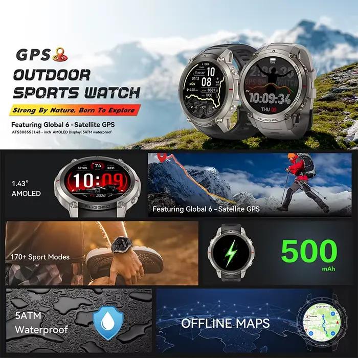 Montre de sport GPS d'extérieur avec 6 satellites de positionnement, écran AMOLED 1,43 pouces, plus de 170 modes sportifs, suivi de fréquence cardiaque, tracker de sommeil, rappel de message, résistance à l'eau 5 ATM pour homme et femme occasions sportives et quotidiennes