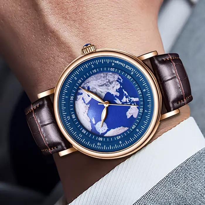 LIGETop-Montre-bracelet à quartz en cuir pour homme