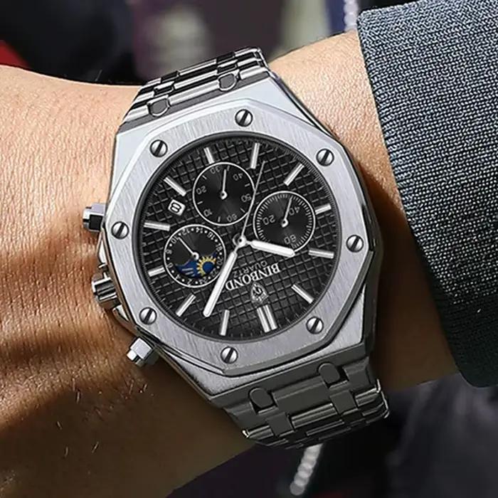 BINBOND 0161 marque homme montre à Quartz de luxe lumineux chronographe montre-bracelet en acier inoxydable étanche hommes Date calendrier horloge