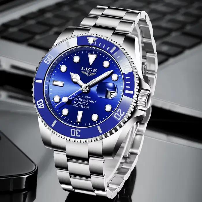 LIGE Top Original hommes montres à Quartz bleu montre étanche