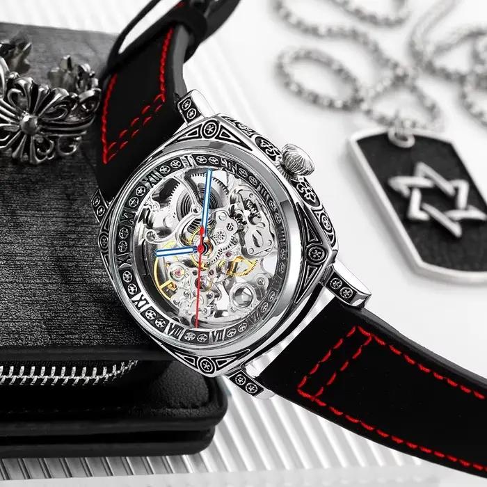 Montre automatique squelette carré : mouvement mécanique étanche lumineux gravé pour hommes