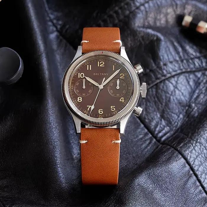 Baltany chronographe militaire homme S5054 montre à Quartz de Style rétro bracelet en cuir verre saphir 5ATM