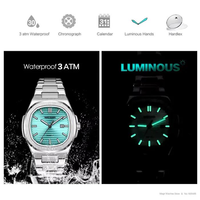MEGIR montre habillée classique pour hommes avec bracelet en acier inoxydable doré cadran vert ovale montre-bracelet à quartz étanche avec aiguille lumineuse