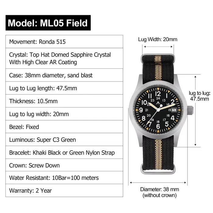 Militado ML05 montre militaire Ronda 515 mouvement à Quartz saphir bombé avec revêtement AR haute transparence lumineux 38mm montres Vintage