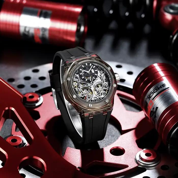 Double Tourbillon Design montre pour hommes de luxe boîtier Transparent jaune en caoutchouc Style de mode loisirs