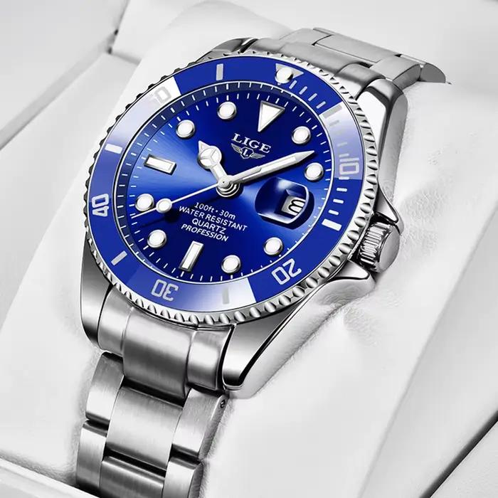 LIGE Top Original hommes montres à Quartz bleu montre étanche