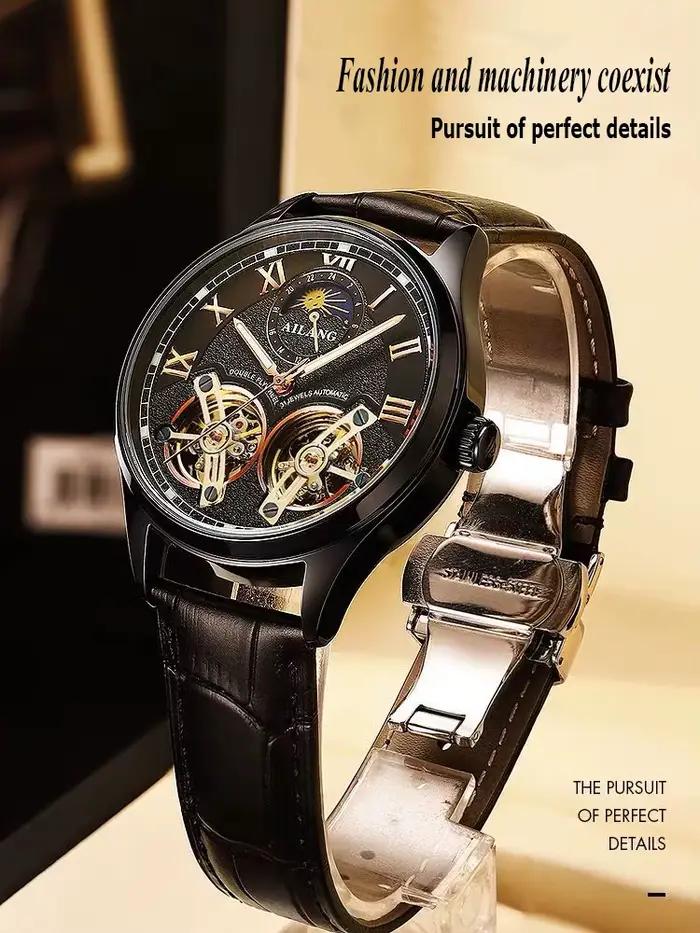 Ailang montre pour hommes double volant 2020new cuir mode acier inoxydable automatique phase de lune célèbre