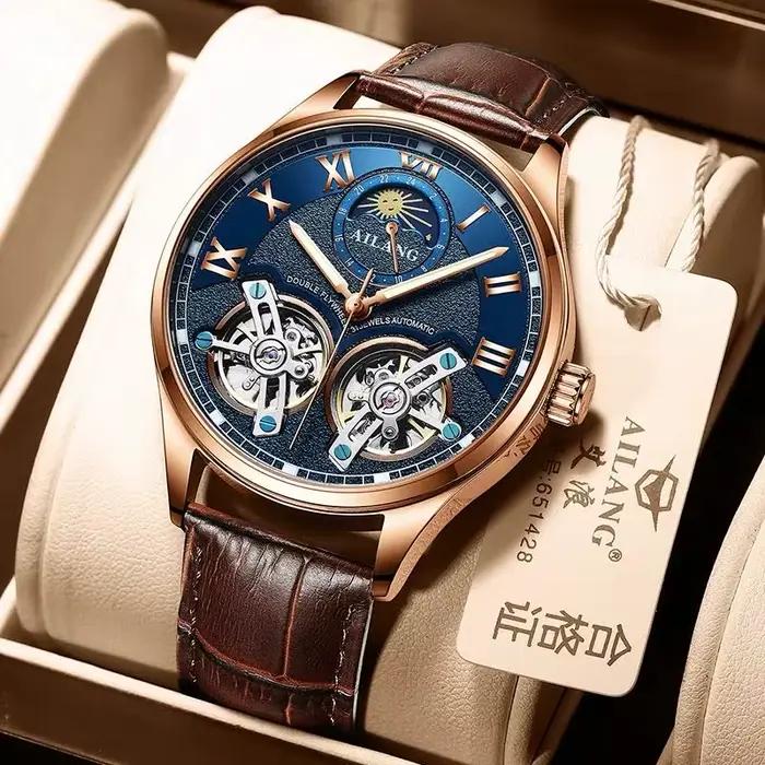 Ailang montre pour hommes double volant 2020new cuir mode acier inoxydable automatique phase de lune célèbre