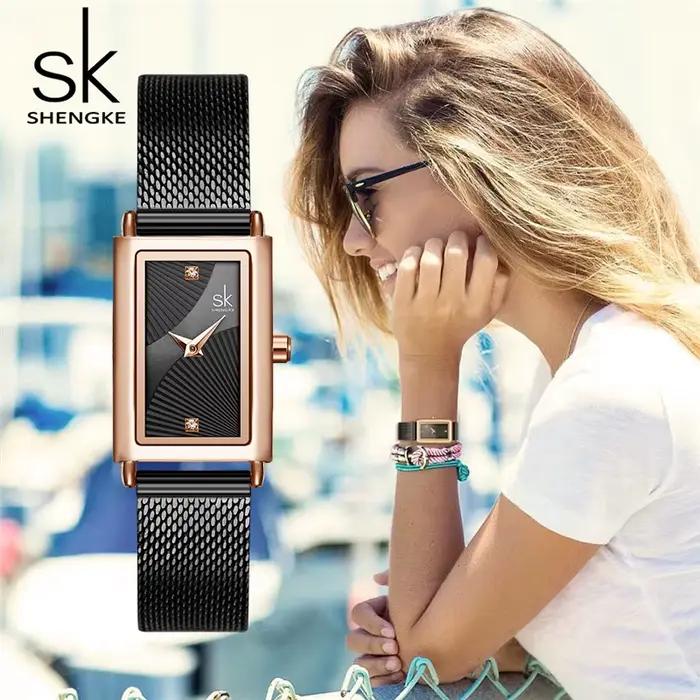 Shengke femmes montres mode genève concepteur dames montre de luxe marque Rectangle Quartz or montre-bracelet cadeaux