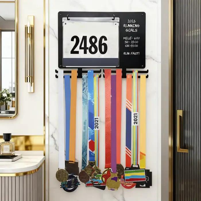 Support mural multifonctionnel robuste pour médailles de marathon et dossards de course – Présentoir pour coureurs – Cadeau idéal