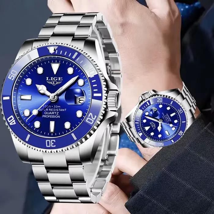 LIGE Top Original hommes montres à Quartz bleu montre étanche