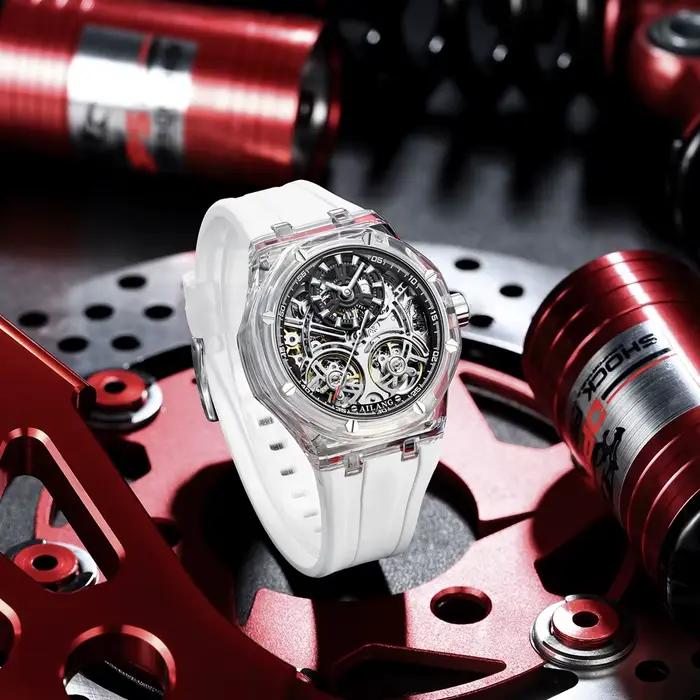 Double Tourbillon Design montre pour hommes de luxe boîtier Transparent jaune en caoutchouc Style de mode loisirs
