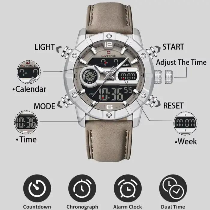 NAVIFORCE NF9263 montre étanche affichage lumineux bracelet en cuir véritable multi-fonction chronographe compte à