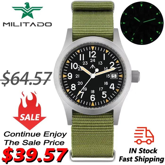 Militado ML05 montre militaire Ronda 515 mouvement à Quartz saphir bombé avec revêtement AR haute transparence lumineux 38mm montres Vintage