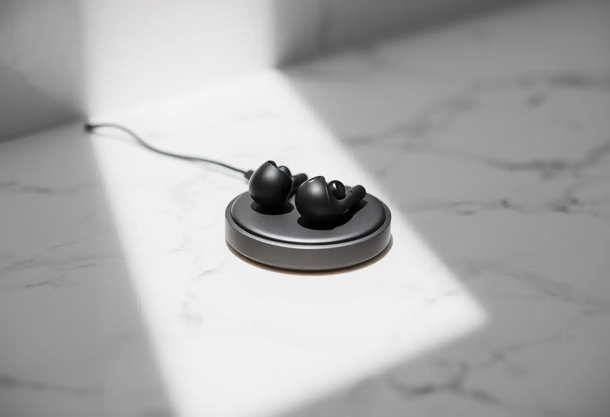 Des écouteurs sans fil sur un chargeur posés sur un comptoir en marbre
