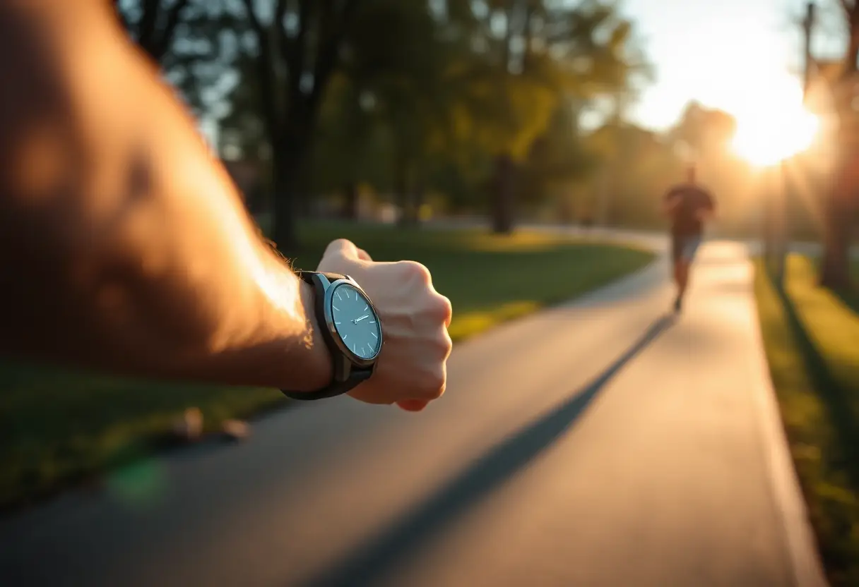 La main d'un coureur ajustant sa montre au lever du soleil