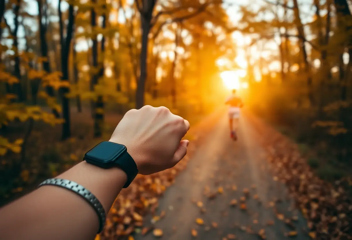 Une main tient une montre connectée pendant une course en forêt automnale