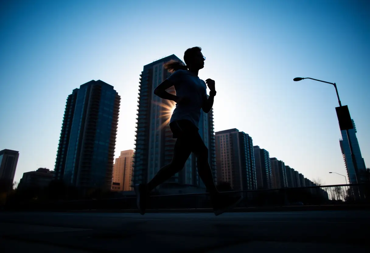 Un joggeur silhouetté sur un trottoir sous un ciel bleu clair au coucher du soleil