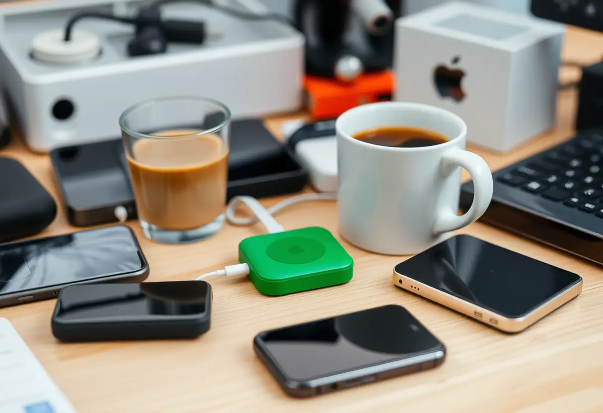 Un bureau avec un chargeur magnétique à côté d'une tasse de café