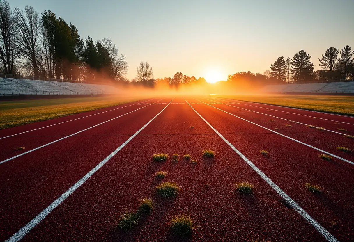 Piste d'athlétisme au lever du soleil, brouillard matinal