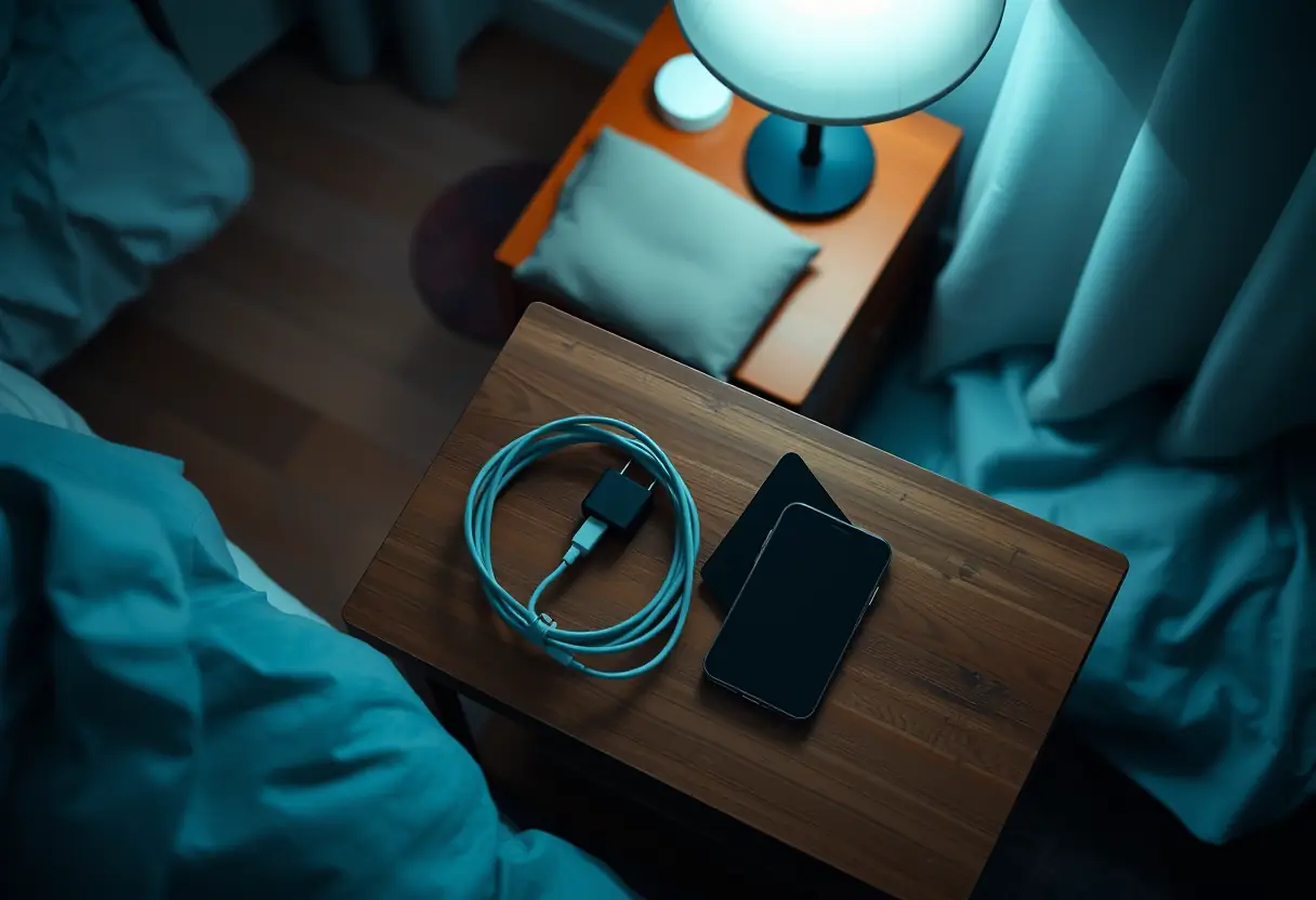 Câble de charge et chargeur posés sur une table de nuit