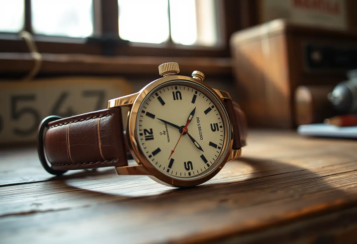 Couronne de montre vintage sur un bureau ancien, texte alternatif en français