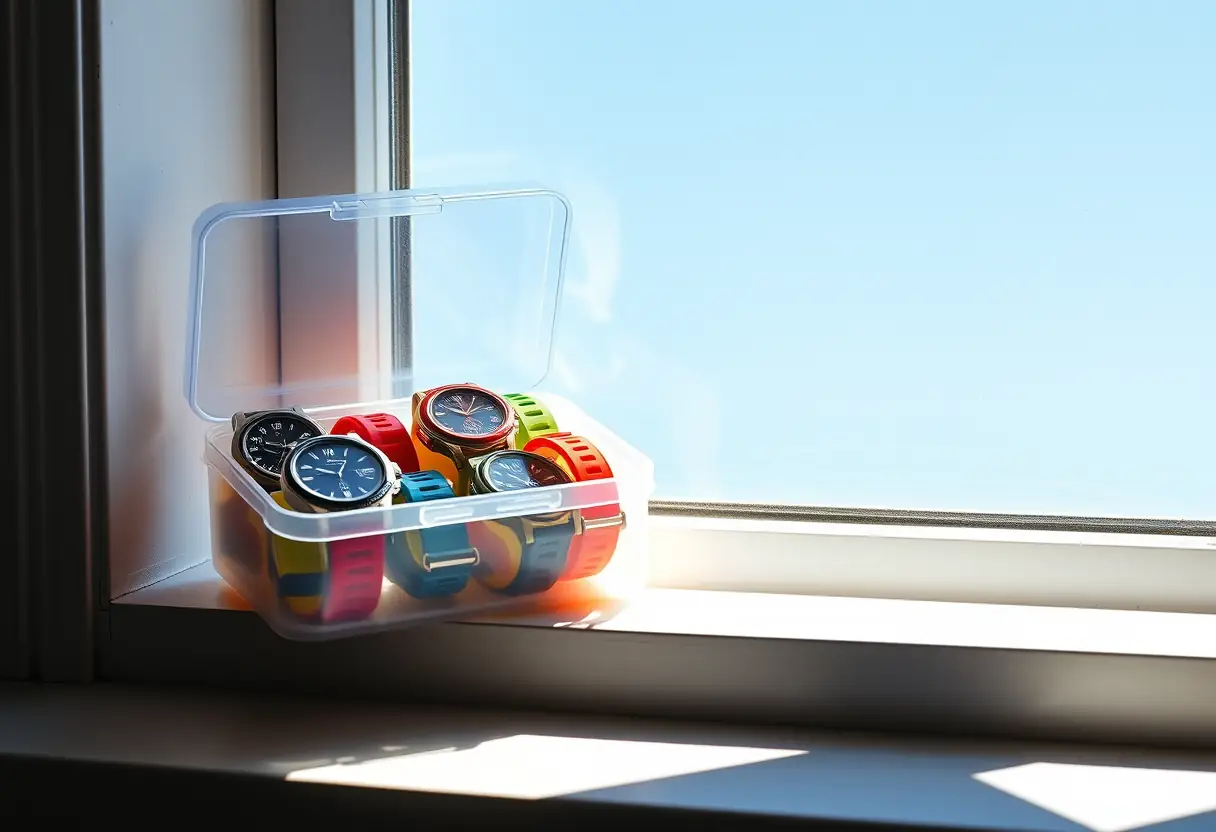Étui en silicone rempli de montres sur un rebord de fenêtre baigné de lumière du matin