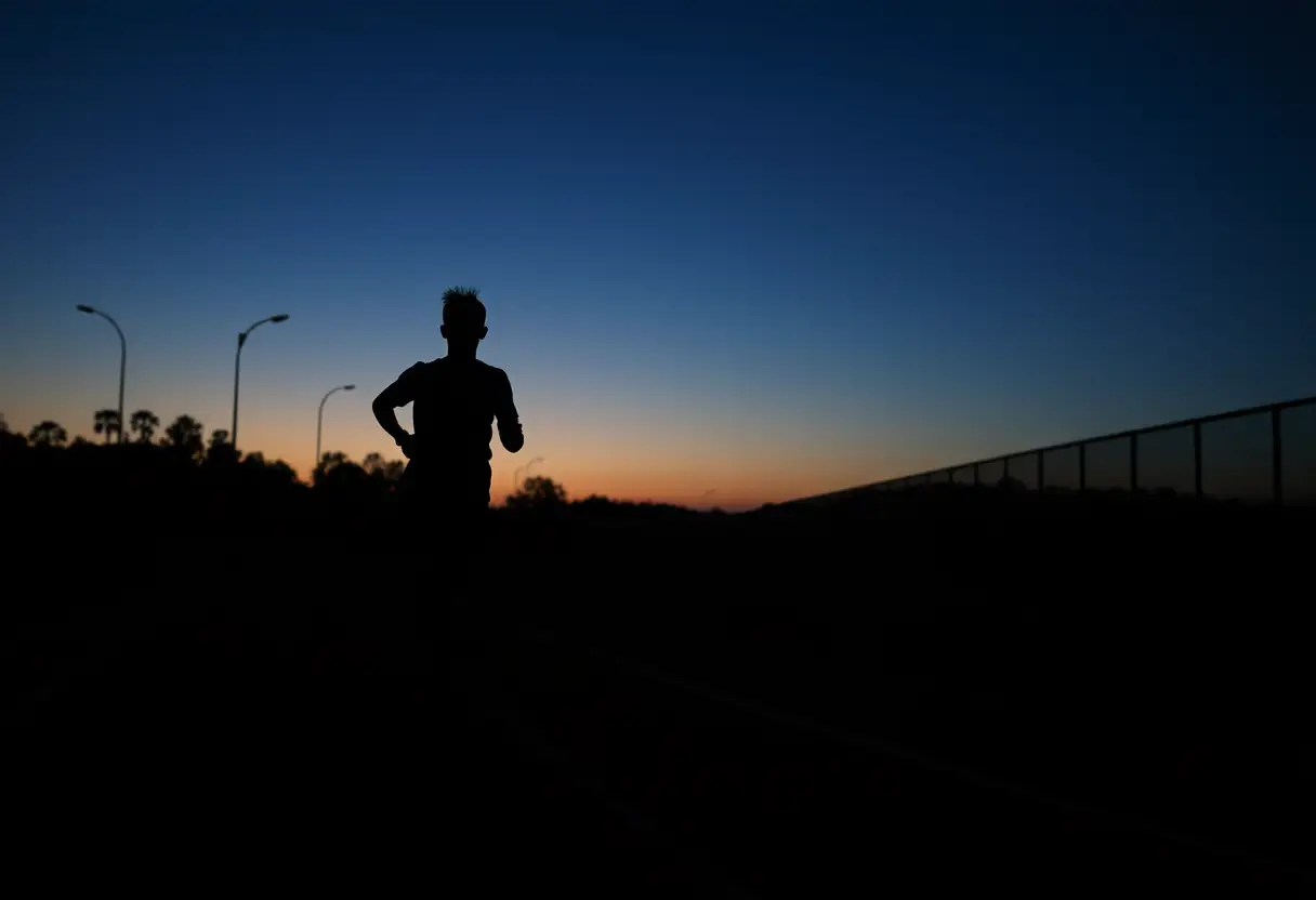 Silhouette de coureur avec sa montre connectée à la tombée de la nuit