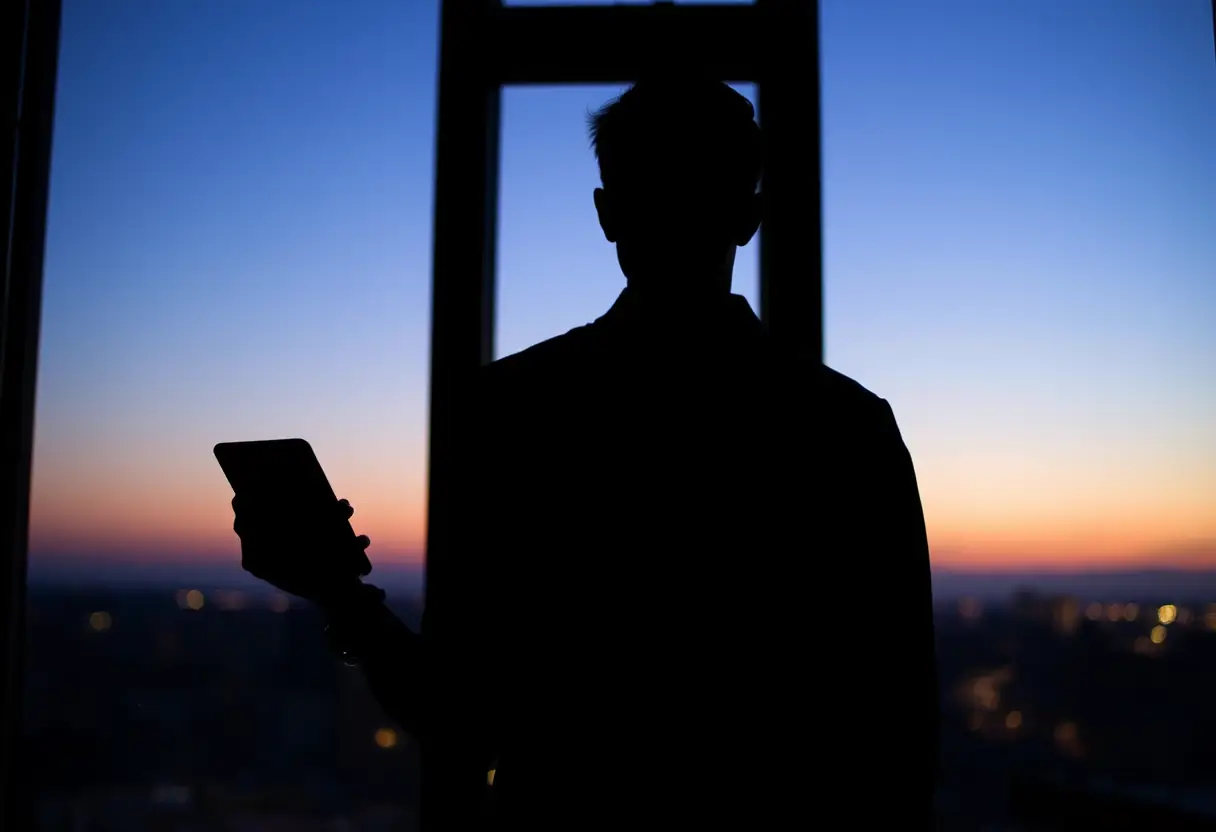 Silhouette d'un homme avec sa montre connectée au crépuscule