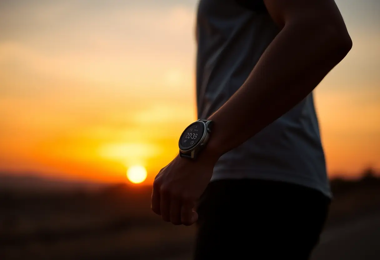 Un coureur se tenant au coucher du soleil, tenant une montre qui suit ses niveaux d'activité journalière.
