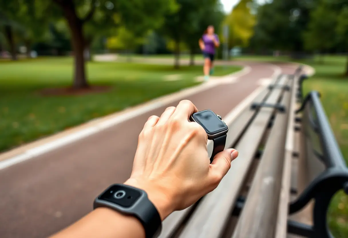 Une main féminine tient une montre connectée noire sur un banc de parc pendant une course à pied, mettant en valeur l'utilité de ces montres pour les activités extérieures