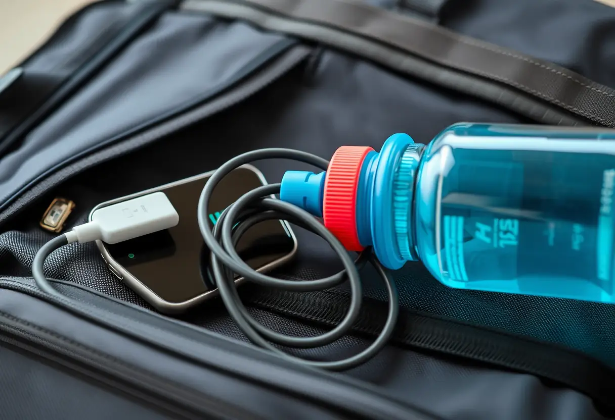 Câble de charge enroulé près d'une bouteille d'eau sur un sac de sport, technologie pratique